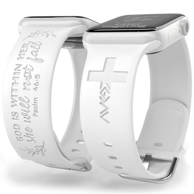 God is Within Her Watch Band compatible with Apple Watch Laser Engraved iWatch Band Silicone 38mm 40mm 41mm 42mm 44mm 45mm 49mm Strap Jesus God Christian Psalm Gift (38/40/41mm M/L White)