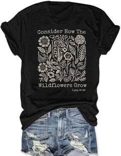 Womens Christian Bible Verse T Shirts Vintage Boho Wildflowers Graphic Short Sleeve Crewneck Floral Religious Tee Tops (Medium Black-3)