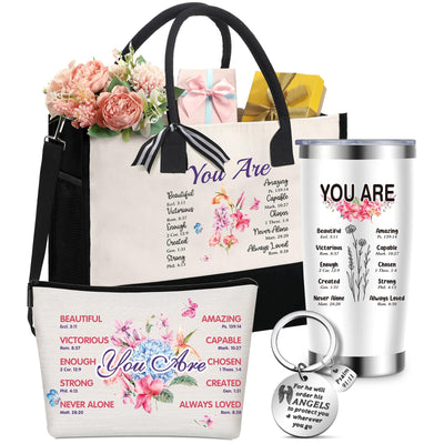 Aliceset 4 Pcs Christian Gifts for Women Include Inspiration Religious Tote Bag 20 oz Stainless Steel Tumbler Bible Verse Keychain Catholic Makeup Bag Birthday Gifts for Women Mom Friend (Floral)