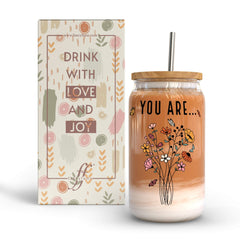 Fancyfams 16 oz Glass Drinking Cup with Bamboo Lid and Straw Women of the Bible Drink Cup Christian Religious Mothers Day Birthday Gifts for Women Affirmation Jesus Coffee Jar (You Are)
