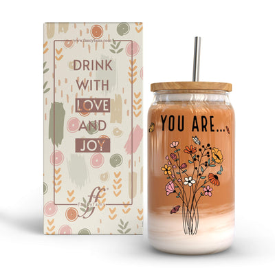 Fancyfams 16 oz Glass Drinking Cup with Bamboo Lid and Straw Women of the Bible Drink Cup Christian Religious Mothers Day Birthday Gifts for Women Affirmation Jesus Coffee Jar (You Are)