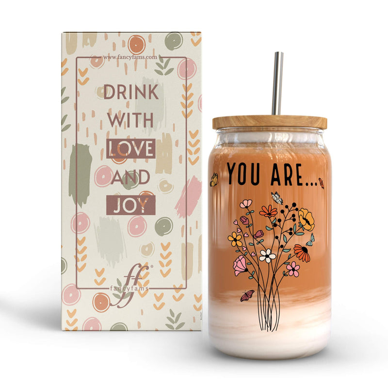 Fancyfams 16 oz Glass Drinking Cup with Bamboo Lid and Straw Women of the Bible Drink Cup Christian Religious Mothers Day Birthday Gifts for Women Affirmation Jesus Coffee Jar (You Are)