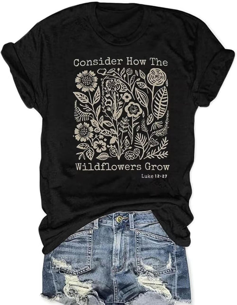 Womens Christian Bible Verse T Shirts Vintage Boho Wildflowers Graphic Short Sleeve Crewneck Floral Religious Tee Tops (Medium Black-3)