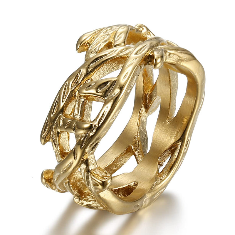ANIEJUFI Stainless Steel Vintage Jesus Crown of Thorns Rings for Men Women Vine Branch Shape Lucky Ring Gold Size 14