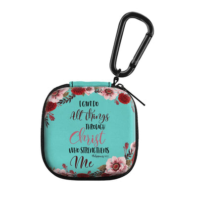 WIRESTER Portable Wireless Headphone Case Earphone Storage Bag Carrying Case Earbud Holder with Black Carabiner Compatible with Apple Airpods - Christian Bible Verses Philippians 4:13