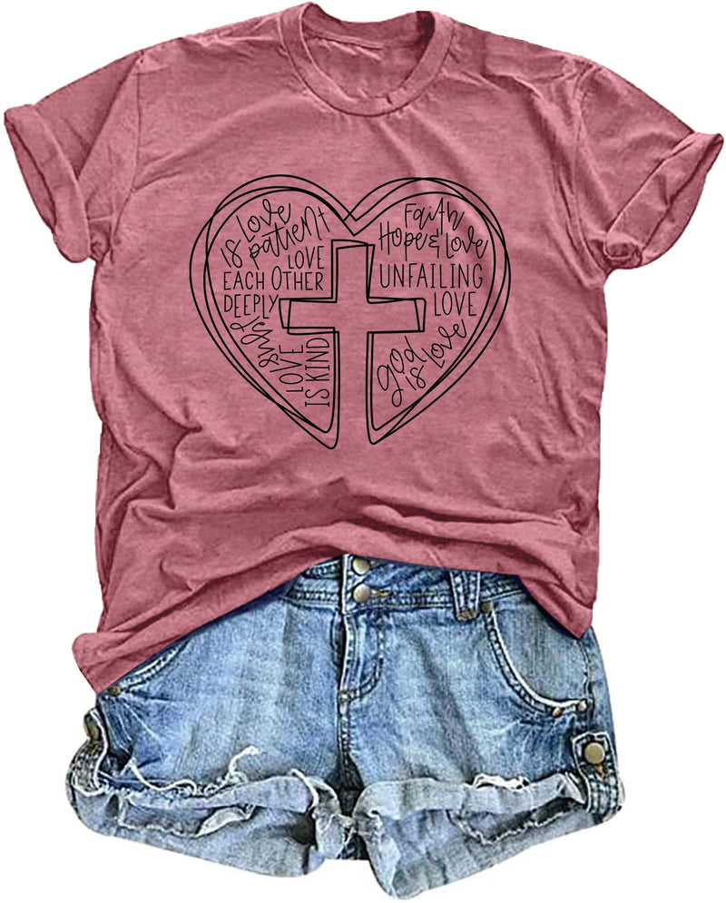 VVNTY Christian Shirts for Women: Heart Bible Verse T Shirt Religious Cross Graphic Tee Jesus Faith Tops Pink
